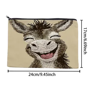 Détail de trousse de maquillage en toile avec imprimé âne mignon et dimensions précises.
