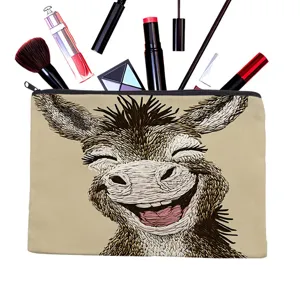 Trousse de maquillage en toile avec âne rigolo, pochette zippée pour voyage et cosmétiques.