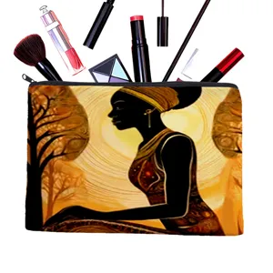 Close-up detail of the stylish makeup bag featuring artistic African woman print and zipper.
