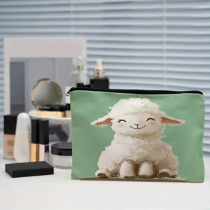 Cute cartoon lamb print canvas cosmetic bag, portable makeup pouch and travel storage bag for women.