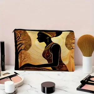 Chic artistic African woman print cosmetic bag, large capacity travel makeup storage pouch.