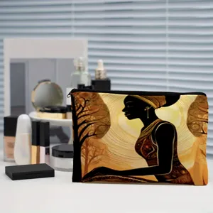 Detailed view of the cosmetic makeup bag featuring a stylish African woman silhouette art print.
