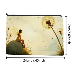 Canvas cosmetic bag with fairy dandelion print, portable zipper travel makeup storage pouch.