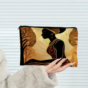 Artistic African woman silhouette printed cosmetic bag with black zipper, large capacity detail view.
