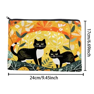 Black cat print cosmetic bag detail, double-sided floral storage pouch with smooth zipper.