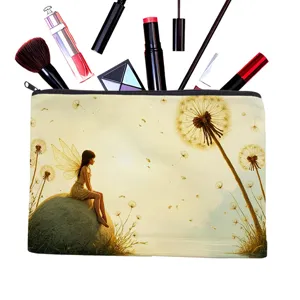 Canvas makeup pouch for women, portable cosmetic bag with fairy dandelion print and zip closure.