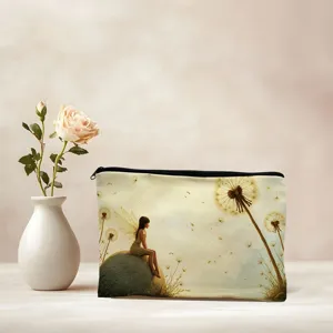 Cosmetic makeup bag portable travel pouch with fairy dandelion art print design.