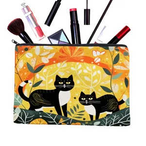Large capacity cosmetic bag with cute black cat and autumn leaves print, ideal travel makeup organizer.