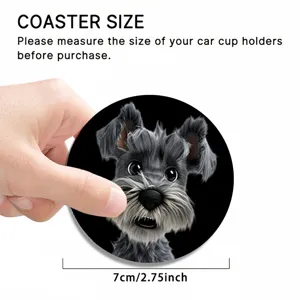 Close up of a cute Schnauzer car cup coaster with 7cm diameter and non slip backing.