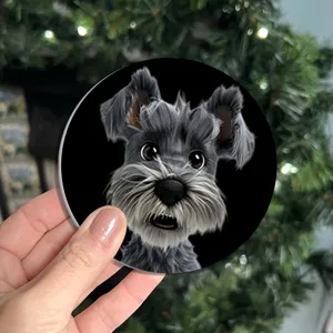 Detailed close-up of a cute cartoon schnauzer dog round coaster, perfect holiday home decor.