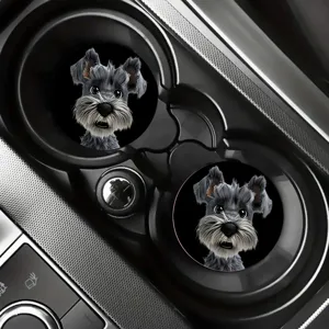 Cute cartoon schnauzer car cup holder coasters, non-slip interior accessories detail.