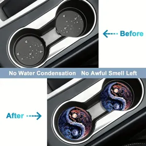 Silicone car cup holder coasters detail showing anti-slip waterproof and anti-odor features.