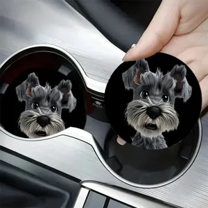 Cute cartoon Schnauzer dog car cup coaster, absorbent ceramic pad, anti-slip auto decor.