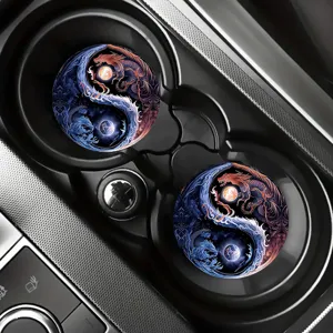 Silicone car cup coaster with yin yang dragon design, heat resistant and non slip detail.