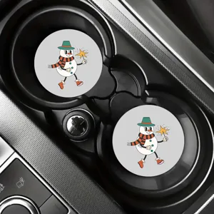 Close up of cute retro snowman car cup holder coasters set, non-slip design detail view