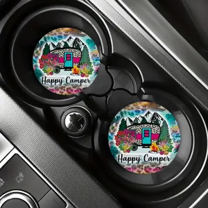 Silicone car cup coaster non-slip drink mat colorful happy camper design round pad