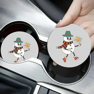 Round car cup coaster featuring retro snowman design, non-slip silicone thermal cup mat for auto.