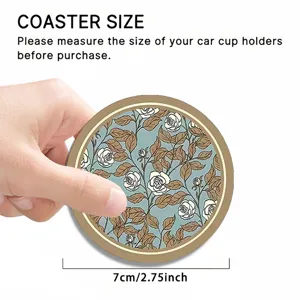 Round silicone car coaster with vintage rose floral pattern, non-slip heat resistant drink mat.