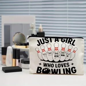 Canvas cosmetic bag featuring cute bowling pins print and letter design for daily use storage.