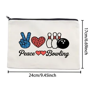 Canvas cosmetic pouch detail showing cute bowling and peace graphic print with clear size dimensions.