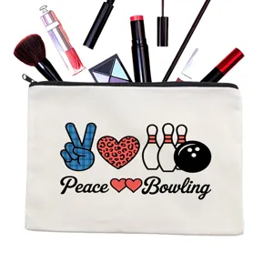 Canvas cosmetic bag with bowling peace sign print, cute zipper makeup pouch for travel use.