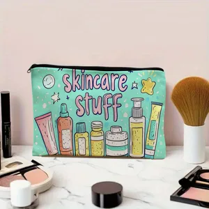 Πράσινη τσάντα μακιγιάζ PU με τύπωμα skincare, φορητό νεσεσέρ ταξιδιού για καλλυντικά.