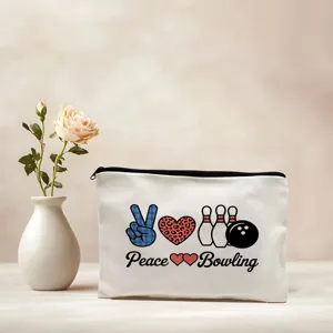 Canvas cosmetic makeup bag with cute bowling peace sign print, portable zipper storage pouch.