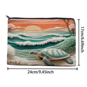 Canvas zipper pouch featuring sea turtle sunset embroidery design, compact size for travel.