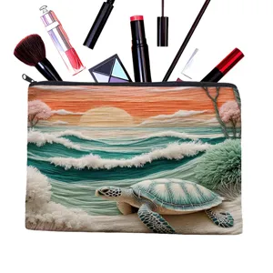 Canvas makeup bag with sea turtle beach print, portable travel toiletry pouch zipper bag.