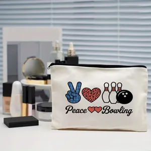 Canvas makeup bag with bowling and heart print, durable waterproof cosmetic pouch for travel