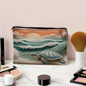 Close-up detail view of the canvas zipper makeup pouch featuring beautiful ocean turtle design.
