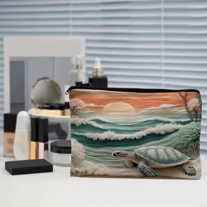 Canvas zipper cosmetic bag with sea turtle and sunset beach print, portable travel pouch.