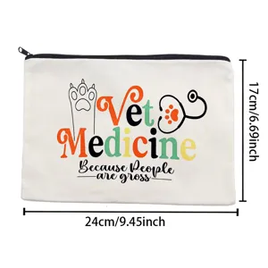 Canvas cosmetic bag with vet medicine nurse letter print, zipper storage pouch 24x17cm