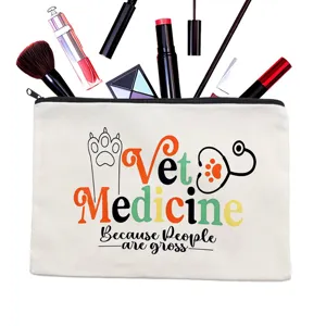Canvas cosmetic bag with vet medicine print, zipper storage pouch for makeup tools and daily use.
