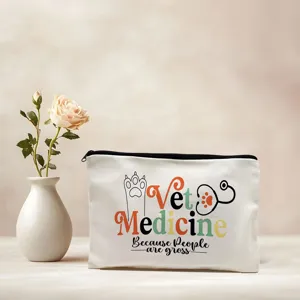 White canvas cosmetic pouch with funny vet medicine quote print, perfect gift for veterinarians.