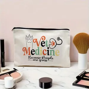 Canvas cosmetic bag with vet medicine print, durable makeup storage pouch for daily use.