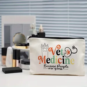 Waterproof linen cosmetic bag with cute vet nurse letter print, ideal travel storage purse.