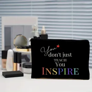 Teacher appreciation black makeup bag, portable zipper travel pouch for daily use.