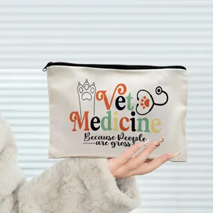 Canvas makeup bag featuring vet medicine print, portable zipper pouch for daily use.