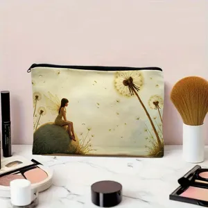 Canvas makeup bag with fairy and dandelion print, portable travel pouch for cosmetics storage.
