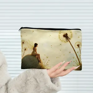 Canvas cosmetic bag with fairy print, portable zip makeup pouch for travel and daily storage.