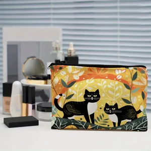 Cute black cat print makeup bag, large capacity portable storage pouch for women and girls travel.