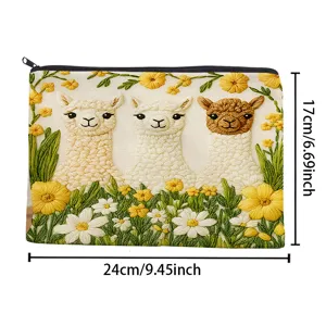 Cute alpaca embroidered cosmetic bag portable zipper storage pouch for travel makeup items.