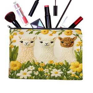 Cute alpaca embroidery cosmetic bag detail, canvas makeup pouch with zipper closure, daily use.