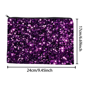 Purple glitter pattern cosmetic bag, portable zipper storage pouch for daily makeup essentials.