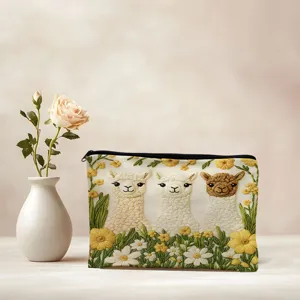 Cute alpaca embroidery cosmetic bag, floral makeup pouch, portable travel storage wash bag.