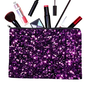 Close-up of a sparkling purple glitter cosmetic makeup bag with beauty tools displayed inside.