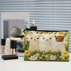 Cute alpaca embroidered cosmetic bag portable canvas makeup storage pouch travel wash bag