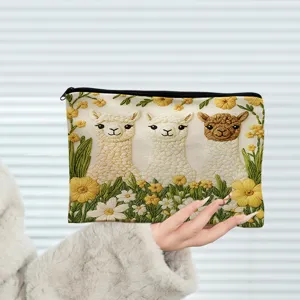 Cute alpaca floral print cosmetic bag portable travel toiletry storage zipper pouch