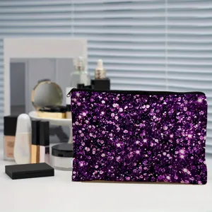 Purple glitter cosmetic bag large capacity portable makeup pouch for women daily travel storage.